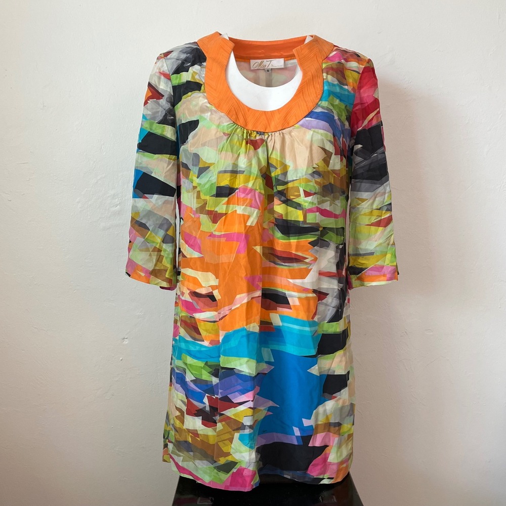 Miss T by Trina Turk Silk Abstract Geometric Print Shift Dress Size 6 Multi